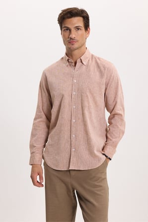 Erkek Regular Fit Klasik Kesim Oversize Pamuklu Keten Doku Düğmeli Yaka Kahverengi Gömlek