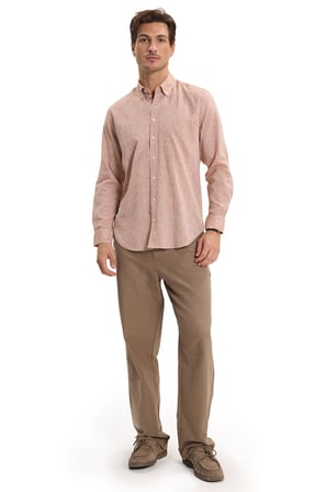 Erkek Regular Fit Klasik Kesim Oversize Pamuklu Keten Doku Düğmeli Yaka Kahverengi Gömlek