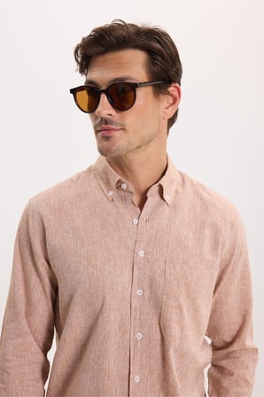 Erkek Regular Fit Klasik Kesim Oversize Pamuklu Keten Doku Düğmeli Yaka Kahverengi Gömlek