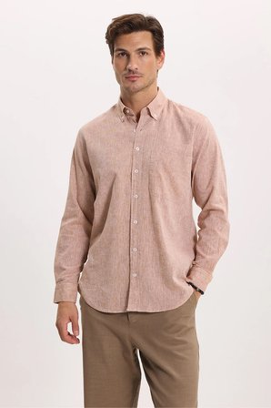 Erkek Regular Fit Klasik Kesim Oversize Pamuklu Keten Doku Düğmeli Yaka Kahverengi Gömlek