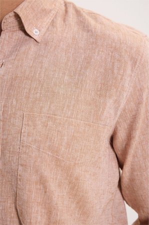 Erkek Regular Fit Klasik Kesim Oversize Pamuklu Keten Doku Düğmeli Yaka Kahverengi Gömlek