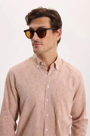 Erkek Regular Fit Klasik Kesim Oversize Pamuklu Keten Doku Düğmeli Yaka Kahverengi Gömlek