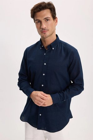 Erkek Regular Fit Klasik Kesim Oversize Pamuklu Keten Doku Düğmeli Yaka Lacivert Gömlek