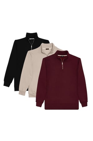 Unisex 3'lü Paket Siyah-Taş-Bordo Relax Fit Pamuklu Yarım Fermuarlı Dik Yaka Sweatshirt