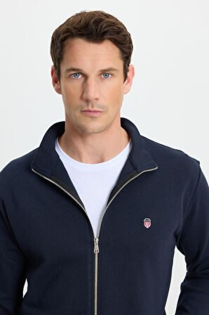 Erkek Slim Fit Dar Kesim Pamuklu Tam Fermuarlı Çift Cepli Dik Yaka Lacivert Sweatshirt Hırka