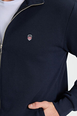 Erkek Slim Fit Dar Kesim Pamuklu Tam Fermuarlı Çift Cepli Dik Yaka Lacivert Sweatshirt Hırka