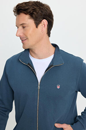 Erkek Slim Fit Dar Kesim Pamuklu Tam Fermuarlı Çift Cepli Dik Yaka Petrol Sweatshirt Hırka
