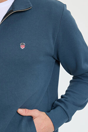 Erkek Slim Fit Dar Kesim Pamuklu Tam Fermuarlı Çift Cepli Dik Yaka Petrol Sweatshirt Hırka