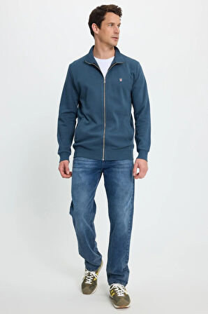 Erkek Slim Fit Dar Kesim Pamuklu Tam Fermuarlı Çift Cepli Dik Yaka Petrol Sweatshirt Hırka