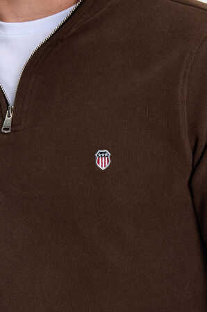 Erkek Slim Fit Dar Kesim Pamuklu Selanik Kumaş Dik Yaka Kahverengi Sweatshirt