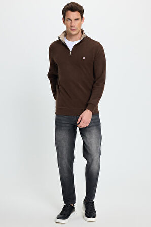 Erkek Slim Fit Dar Kesim Pamuklu Selanik Kumaş Dik Yaka Kahverengi Sweatshirt