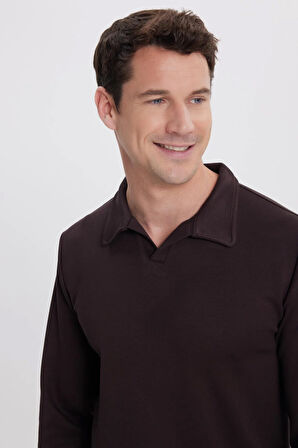 Erkek Relax Fit Rahat Kesim Polo V Yaka Kahverengi Sweatshirt