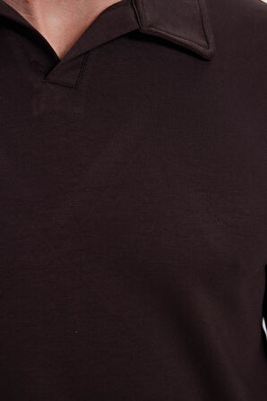 Erkek Relax Fit Rahat Kesim Polo V Yaka Kahverengi Sweatshirt