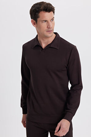 Erkek Relax Fit Rahat Kesim Polo V Yaka Kahverengi Sweatshirt