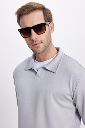 Erkek Relax Fit Rahat Kesim Polo V Yaka Gri Sweatshirt