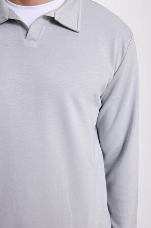Erkek Relax Fit Rahat Kesim Polo V Yaka Gri Sweatshirt