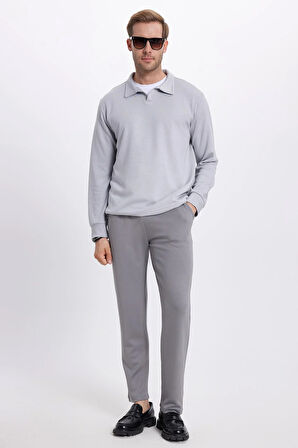 Erkek Relax Fit Rahat Kesim Polo V Yaka Gri Sweatshirt