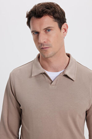 Erkek Relax Fit Rahat Kesim Polo V Yaka Vizon Sweatshirt