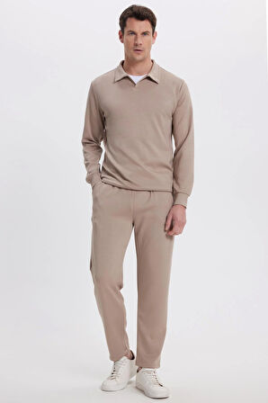 Erkek Relax Fit Rahat Kesim Polo V Yaka Vizon Sweatshirt