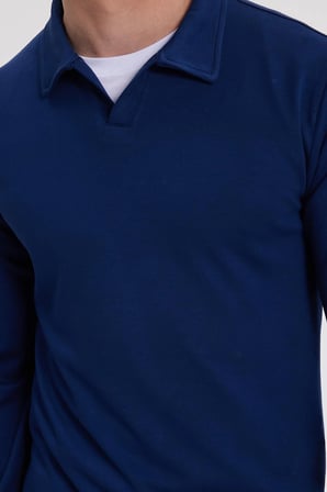 Erkek Relax Fit Rahat Kesim Polo V Yaka Açık Lacivert Sweatshirt