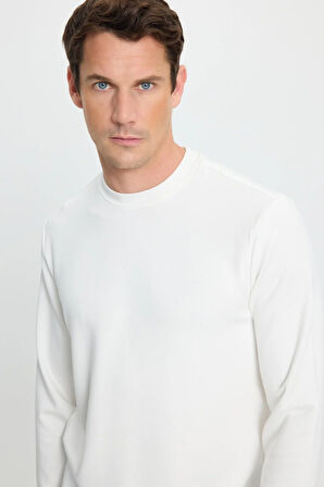Erkek Relax Fit Rahat Kesim Uzun Kollu Ekstra Yumuşak Bisiklet Yaka Ekru Sweatshirt