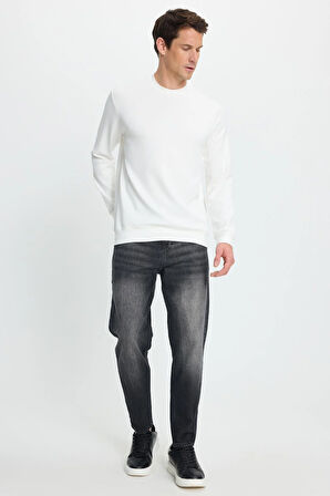 Erkek Relax Fit Rahat Kesim Uzun Kollu Ekstra Yumuşak Bisiklet Yaka Ekru Sweatshirt