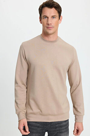 Erkek Relax Fit Rahat Kesim Uzun Kollu Ekstra Yumuşak Bisiklet Yaka Vizon Sweatshirt