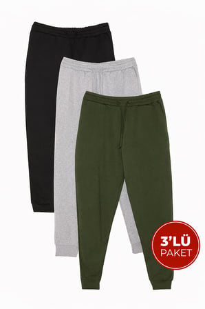 Erkek 3'lü Paket Siyah-Gri-Haki Regular Fit Beli Bağcıklı Jogger Cepli Lastikli Paça Eşofman Altı