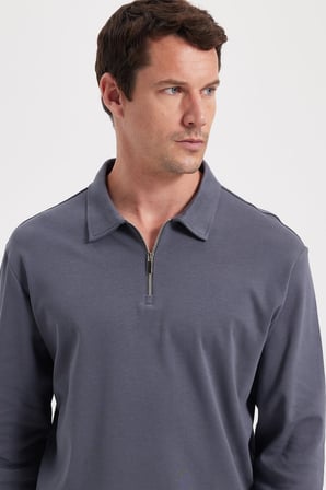 Erkek Relax Fit Rahat Kesim %100 Pamuk Yarım Fermuarlı Polo Yaka İnterlok Antrasit Sweatshirt