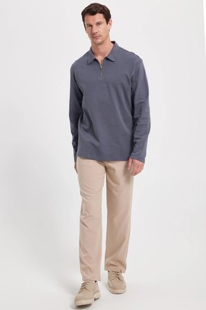 Erkek Relax Fit Rahat Kesim %100 Pamuk Yarım Fermuarlı Polo Yaka İnterlok Antrasit Sweatshirt