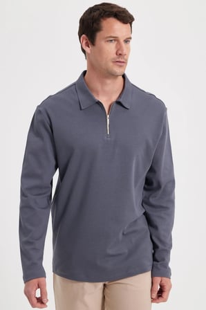 Erkek Relax Fit Rahat Kesim %100 Pamuk Yarım Fermuarlı Polo Yaka İnterlok Antrasit Sweatshirt