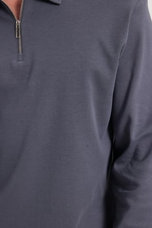 Erkek Relax Fit Rahat Kesim %100 Pamuk Yarım Fermuarlı Polo Yaka İnterlok Antrasit Sweatshirt