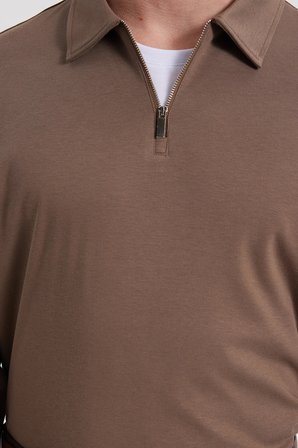 Erkek Relax Fit Rahat Kesim %100 Pamuk Yarım Fermuarlı Polo Yaka İnterlok Koyu Vizon Sweatshirt