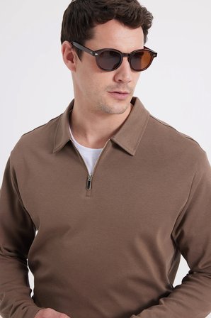 Erkek Relax Fit Rahat Kesim %100 Pamuk Yarım Fermuarlı Polo Yaka İnterlok Koyu Vizon Sweatshirt