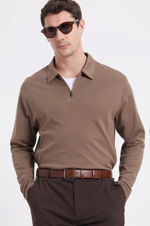 Erkek Relax Fit Rahat Kesim %100 Pamuk Yarım Fermuarlı Polo Yaka İnterlok Koyu Vizon Sweatshirt