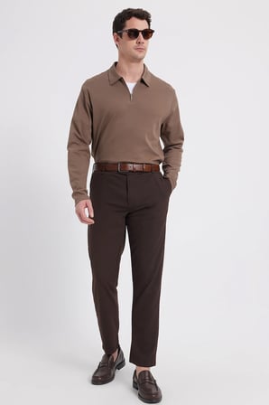 Erkek Relax Fit Rahat Kesim %100 Pamuk Yarım Fermuarlı Polo Yaka İnterlok Koyu Vizon Sweatshirt