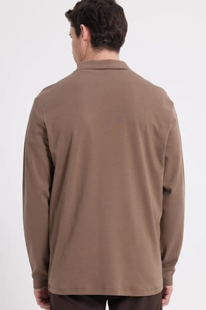 Erkek Relax Fit Rahat Kesim %100 Pamuk Yarım Fermuarlı Polo Yaka İnterlok Koyu Vizon Sweatshirt