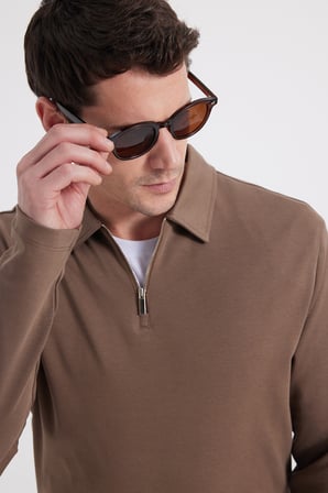 Erkek Relax Fit Rahat Kesim %100 Pamuk Yarım Fermuarlı Polo Yaka İnterlok Koyu Vizon Sweatshirt