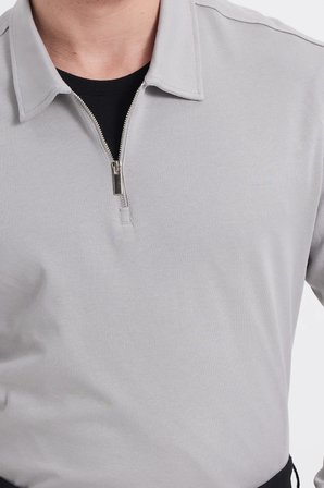 Erkek Relax Fit Rahat Kesim %100 Pamuk Yarım Fermuarlı Polo Yaka İnterlok Gri Sweatshirt