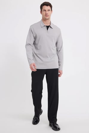 Erkek Relax Fit Rahat Kesim %100 Pamuk Yarım Fermuarlı Polo Yaka İnterlok Gri Sweatshirt