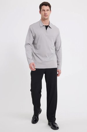 Erkek Relax Fit Rahat Kesim %100 Pamuk Yarım Fermuarlı Polo Yaka İnterlok Gri Sweatshirt