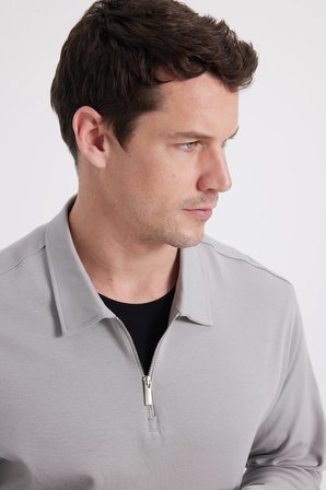 Erkek Relax Fit Rahat Kesim %100 Pamuk Yarım Fermuarlı Polo Yaka İnterlok Gri Sweatshirt