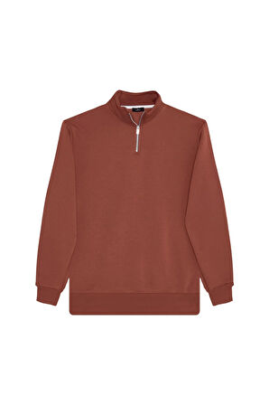 Unisex 3'lü Paket Lacivert-Kahverengi-Yeşil Relax Fit Pamuklu Yarım Fermuarlı Dik Yaka Sweatshirt