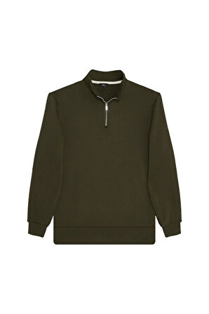 Unisex 3'lü Paket Lacivert-Kahverengi-Yeşil Relax Fit Pamuklu Yarım Fermuarlı Dik Yaka Sweatshirt