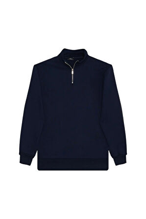 Unisex 3'lü Paket Lacivert-Kahverengi-Yeşil Relax Fit Pamuklu Yarım Fermuarlı Dik Yaka Sweatshirt