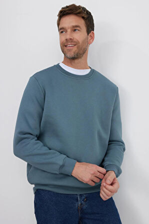 Unisex 3'lü Paket Yeşil-Gri-Kahverengi Relax Fit Pamuklu İçi Polarlı Bisiklet Yaka Sweatshirt