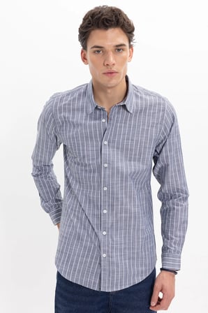 Erkek Slim Fit Dar Kesim Uzun Kollu %100 Pamuk Keten Doku Çizgili Gömlek