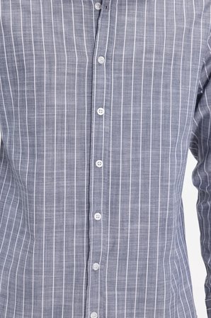 Erkek Slim Fit Dar Kesim Uzun Kollu %100 Pamuk Keten Doku Çizgili Gömlek