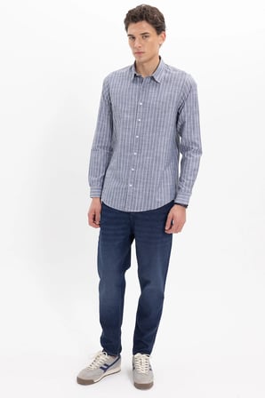 Erkek Slim Fit Dar Kesim Uzun Kollu %100 Pamuk Keten Doku Çizgili Gömlek