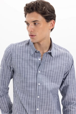 Erkek Slim Fit Dar Kesim Uzun Kollu %100 Pamuk Keten Doku Çizgili Gömlek